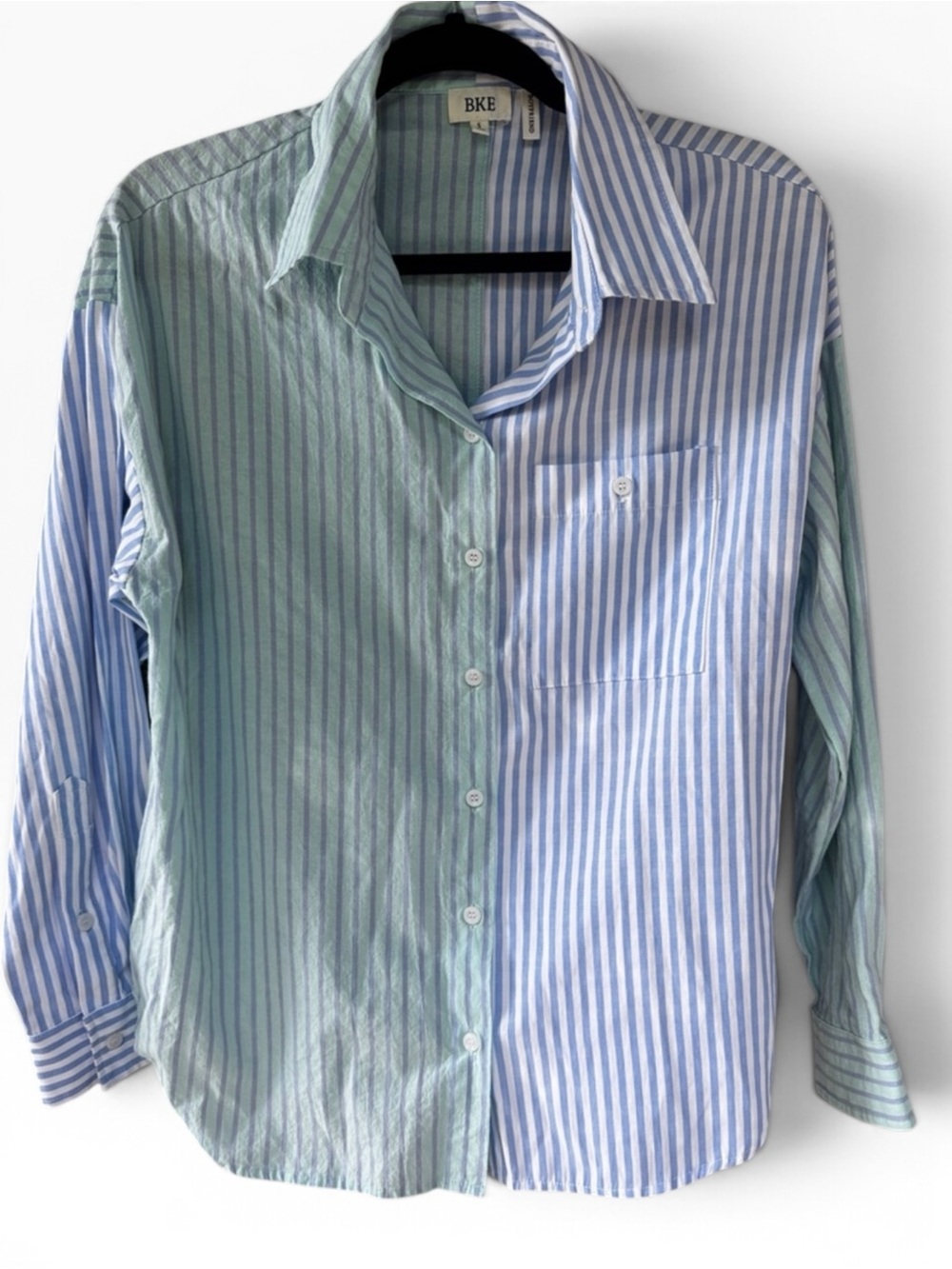 BKE Button Down Shirt Women S Blue Green Striped Colorblock Boyfriend Oversized